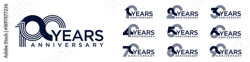 collection anniversary 10 to 100 year logo designs. abstract number for celebration event, wedding, greeting card, and invitation, vector illustration