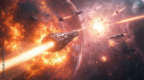 Fototapeta Naklejka Na Ścianę i Meble -  space battle scene near alien energy source, explosions, glowing lasers, spacecrafts in motion, cosmic background, photorealistic
