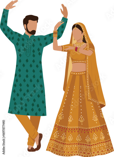 Garba folk dance couple in traditional ethnic outfit isolated on transparent background