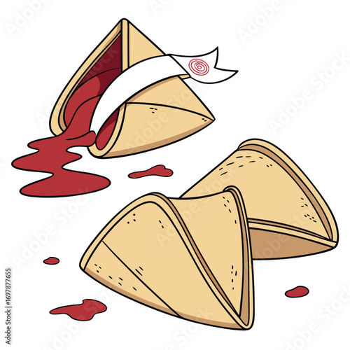 Fortune cookies spilling red liquid and a banner food