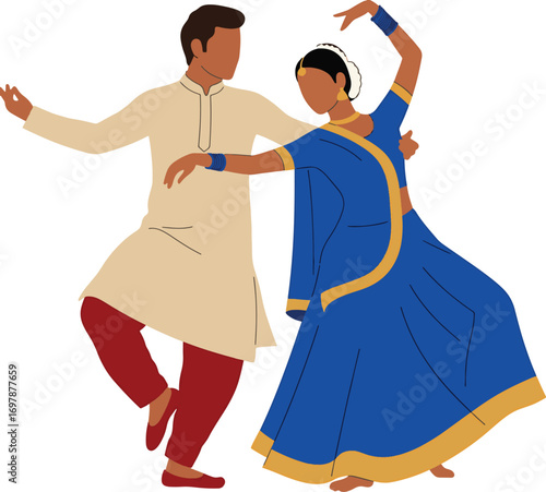 Kathak dance couple in elegant Indian attire isolated on transparent background