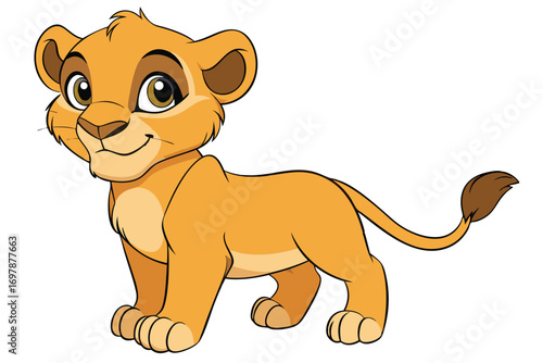 Cute Cartoon Lion Cub on White Background, Smiling Animal