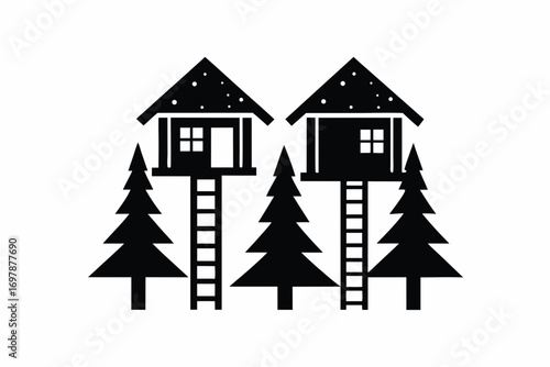Wooden tree house covered with snow, winter cartoon  vector illustration 