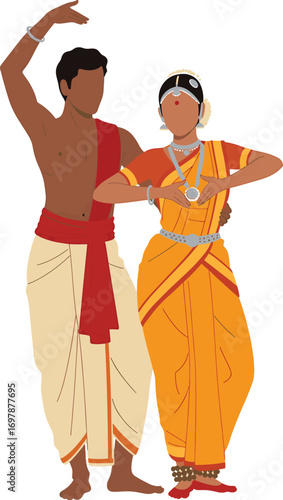 Odissi classical dance couple in Indian traditional attire isolated