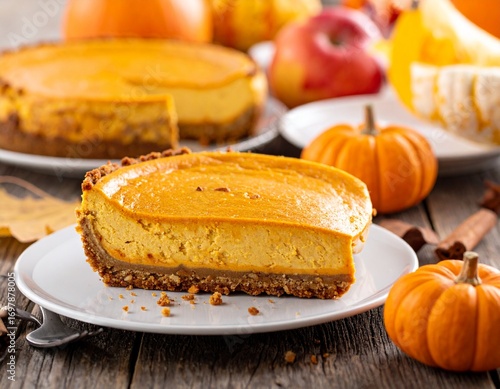 A slice of creamy pumpkin cheesecake sits on a plate, accompanied by whole pumpkins and autumnal fruits.