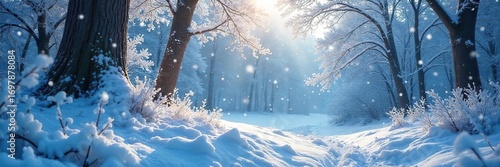 Enchanted winter forest scene; snow-covered trees, glistening ice, whimsical frost patterns Perfect for fantasy, holiday, and winter wonderland themes , winter scene, snowy