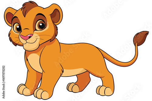 Cute Cartoon Lion Cub Standing with Pink Nose and White Background Art