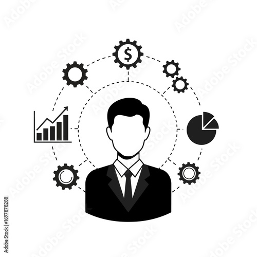 Vector art of business man with gears and financial icons