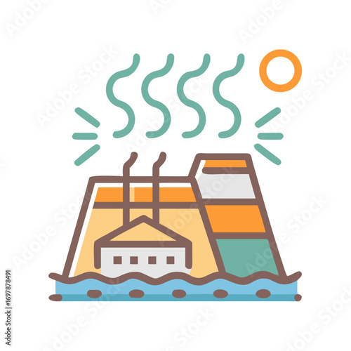 Geothermal energy icon with steam rising from a power plant against a bright sun
