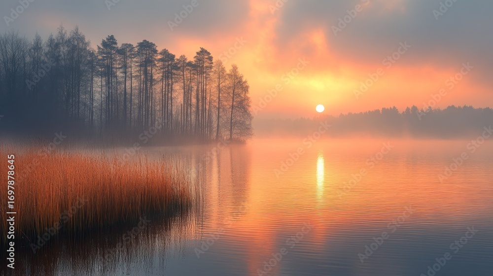 Fototapeta premium Misty lake sunrise, silhouettes of trees