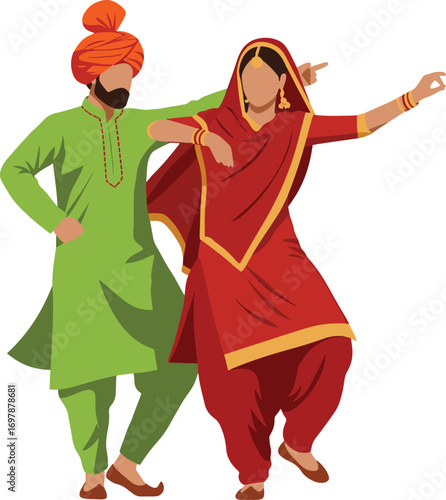 Bhangra dance couple in colorful Punjabi traditional outfits isolated