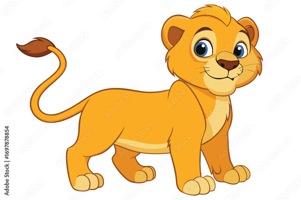 Obraz premium Cute Cartoon Lion Cub with Blue Eyes Standing on White Background Design