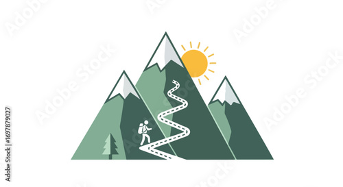 Stylized mountaineering scene with hiker ascending winding trail on mountain range silhouette under sunny skies