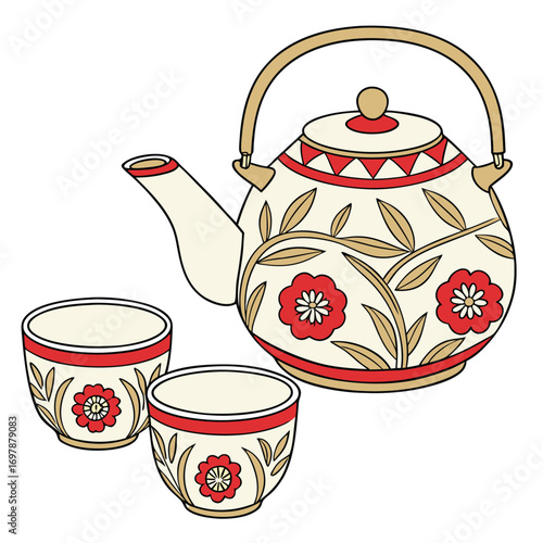 Ornate teapot and cups with floral design ceramic