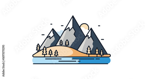 Minimalist Mountain Landscape Vector Illustration with Island Trees and Water Reflection scenic mountain range backdrop for peaceful nature scene