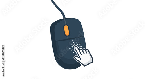 Stylized illustration showcasing a computer mouse being clicked by a white hand on a clean background