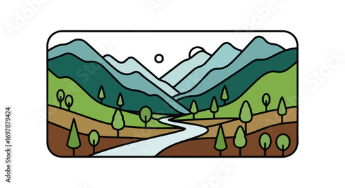 Stylized Mountain Landscape Illustration with River and Trees in Flat Design  Simple Outdoor Scene