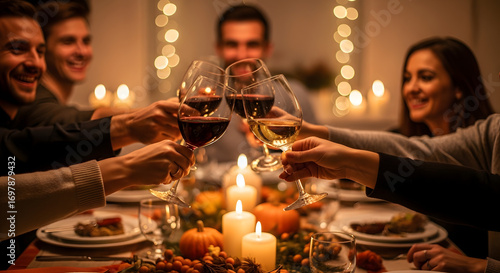 Celebration toast among friends cozy home dining room evening gathering warm ambiance joyful spirit