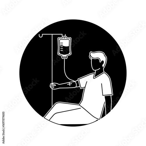 Vector art of patient receiving intravenous fluid infusion in a medical setting