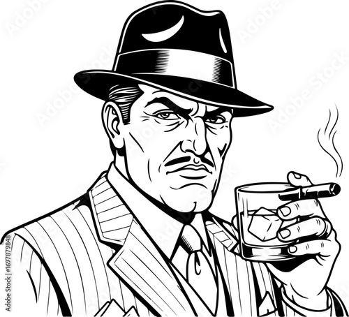 Mysterious gangster with fedora, cigar, and whiskey evokes vintage crime drama and film noir intrigue perfect for editorial and design projects.