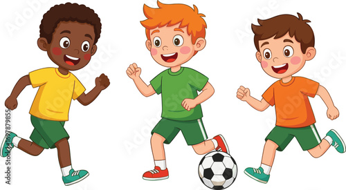 Three happy boys running and playing soccer together, diverse children enjoying outdoor sports, teamwork, energy, and fun activity with ball