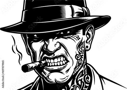 Intense gangster with fedora smoking a cigar in black and white, embodying classic crime drama and rebellious spirit, originally a vector graphic