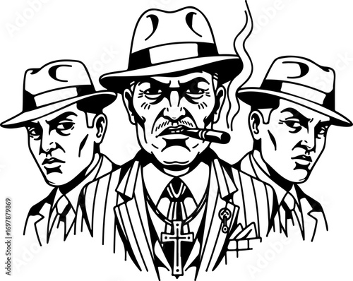 Intense mobster trio with sinister expressions and pinstripe suits, embodying power and danger, perfect for crime thrillers and dramatic storytelling