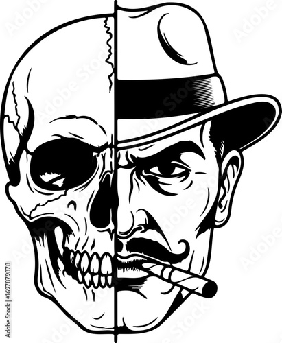 Sinister gangster skull with cigar offering vintage crime drama and halloween vibes for edgy designs and retro themes plus mysterious character concepts