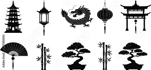 Asian culture silhouettes, dragon, bonsai, bamboo, lantern, temple, fan, gate, traditional symbols, oriental design, vector illustration, black silhouette