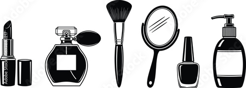 Cosmetic beauty icons, lipstick, perfume bottle, makeup brush, mirror, nail polish, lotion pump, fashion accessories, skincare, black vector illustration