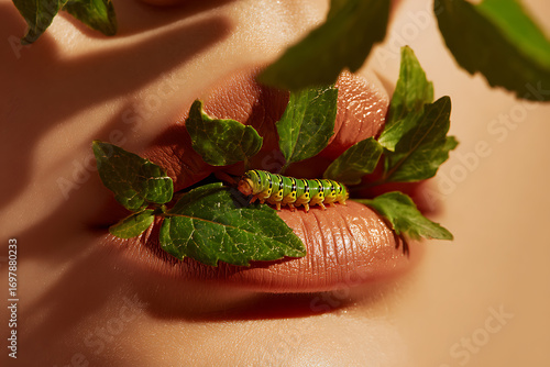 Surreal beauty composition featuring a caterpillar on lips surrounded by green leaves, creating a natural and artistic scene.