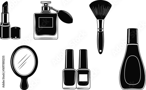 Cosmetic beauty icons, lipstick, perfume, makeup brush, mirror, nail polish, lotion bottle, fashion accessories, skincare, black vector illustration