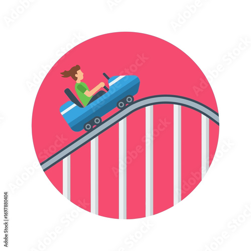Vector art of person riding a roller coaster on a track with pink background