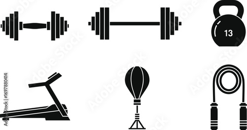 Gym fitness equipment silhouette, dumbbell, barbell, kettlebell, treadmill, punching bag, jump rope, workout icons, black vector illustration