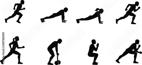 Fitness exercise silhouette set, running, push up, squat, workout, training, gym, strength, bodybuilding, athlete, sports, health, vector illustration