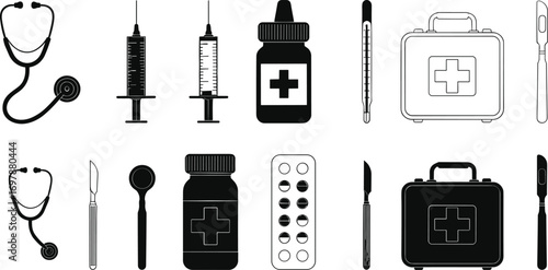 Medical equipment silhouette, stethoscope, syringe, thermometer, first aid kit, scalpel, medicine bottle, pills, healthcare icons, hospital tools, vector illustration