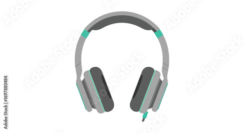 Isolated illustration of gray and teal headphones against a clean white background showcasing modern audio equipment design featuring a cable
