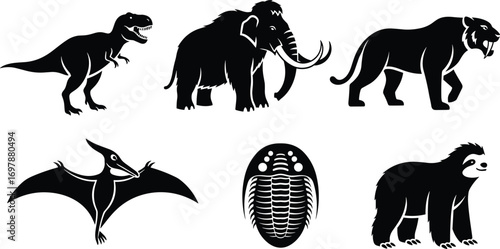 Prehistoric animal silhouette set, dinosaur, mammoth, saber tooth tiger, pterosaur, trilobite, sloth, extinct species, ancient wildlife, vector illustration