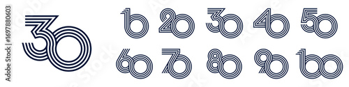 collection anniversary 10 to 100 year logo designs. abstract number for celebration event, wedding, greeting card, and invitation, vector illustration