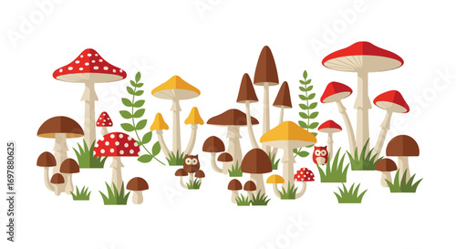 Enchanting mushroom garden with playful owls and whimsical fungi creating a storybook scene  full of fantasy  illustrations