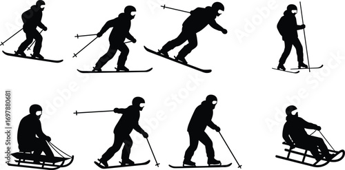 Skiing silhouette icons, skier vector, winter sports, alpine skiing, cross country skiing, sledding silhouette, snow sport, outdoor activity, athlete action