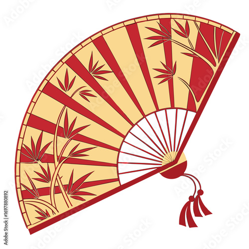 Red and gold fan with bamboo design and tassels folding fan leaves