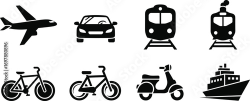 Transportation icons, airplane, car, train, bicycle, scooter, ship, travel, vehicle, transport, journey, commute, public transport, silhouette vector