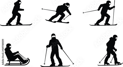 Winter sports silhouettes, skiing vector, skier action, snowboarding, sledding, alpine skiing, cross country skiing, snow activities, black silhouette icons