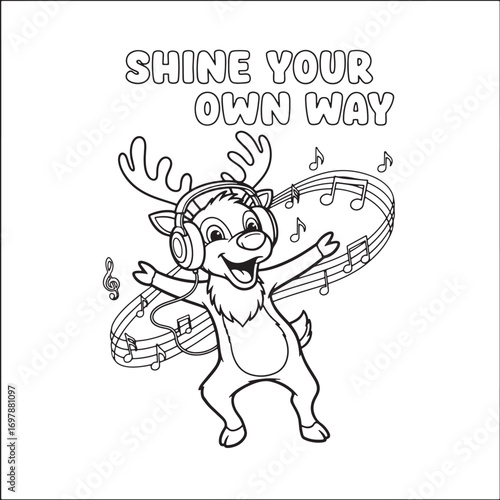 Cartoon reindeer wearing headphones dancing with musical notes animal