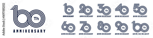 collection anniversary 10 to 100 year logo designs. abstract number for celebration event, wedding, greeting card, and invitation, vector illustration