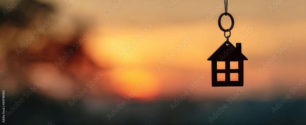 Obraz premium The house keychain silhouetted against a golden sunset sky with blurred background