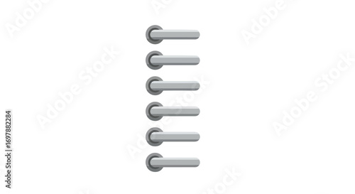 Elegant silver door levers arrayed in orderly vertical alignment against a stark white backdrop creating a contemporary graphic element for design