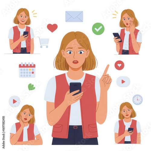 Woman Experiencing Varied Emotions While Using Smartphone with Social Media Icons and E Commerce Symbolism Portraying Digital Life