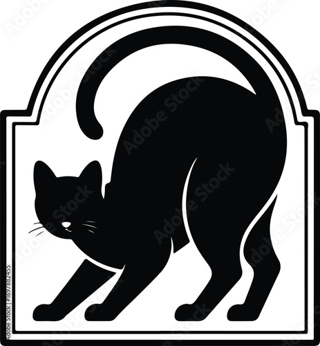 Stretching black cat silhouette in minimalist frame
